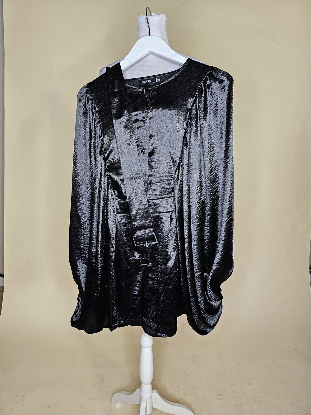 Boohoo Black Shiny Satin Romper with Self-Tie Belt And Balloon Sleeves